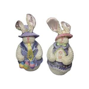 Easter Bunny Vintage Crocheted Starched Handmade Spring 10" Beaded Couple